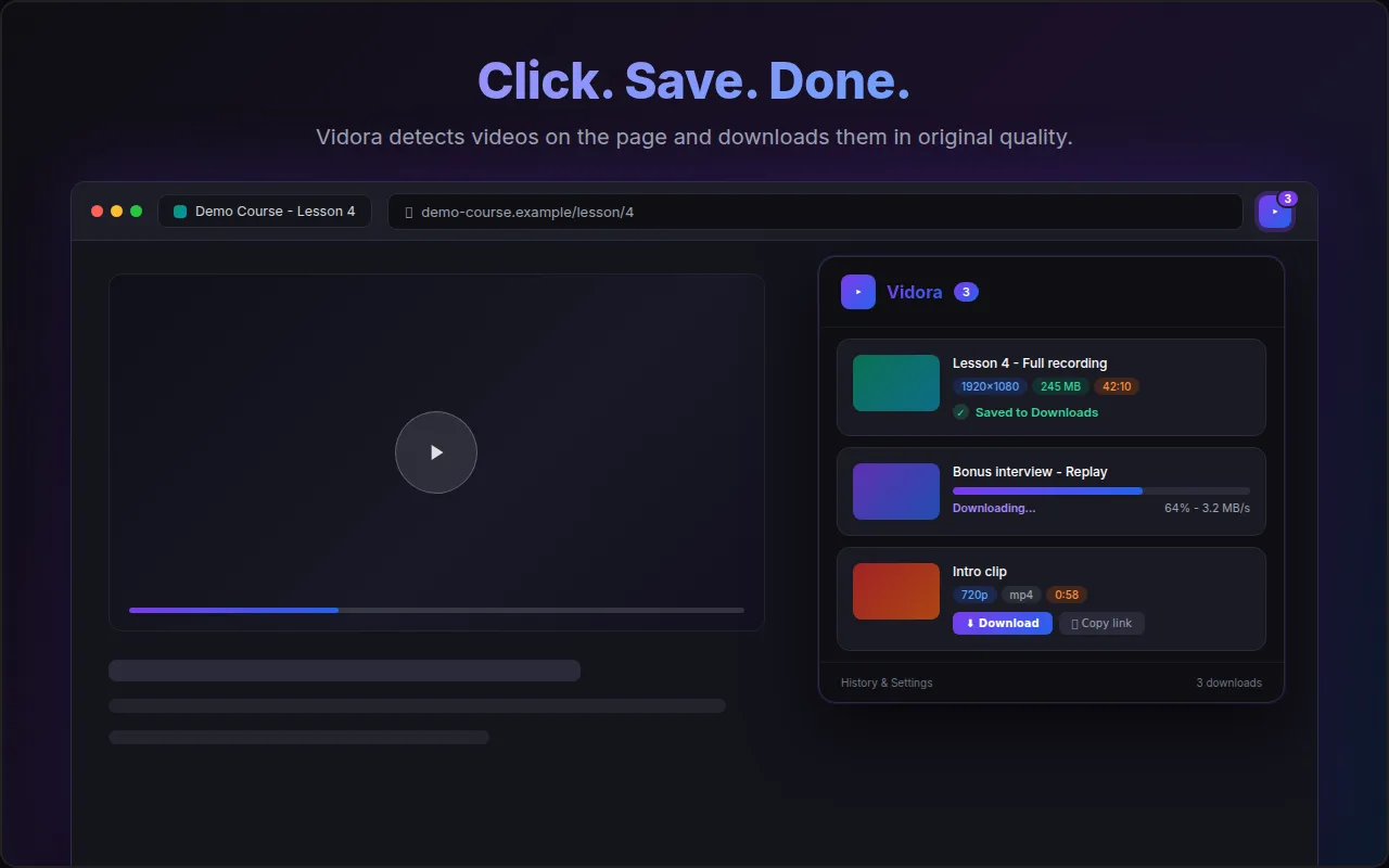 Vidora popup listing detected videos with resolution, size and a one-click Download button