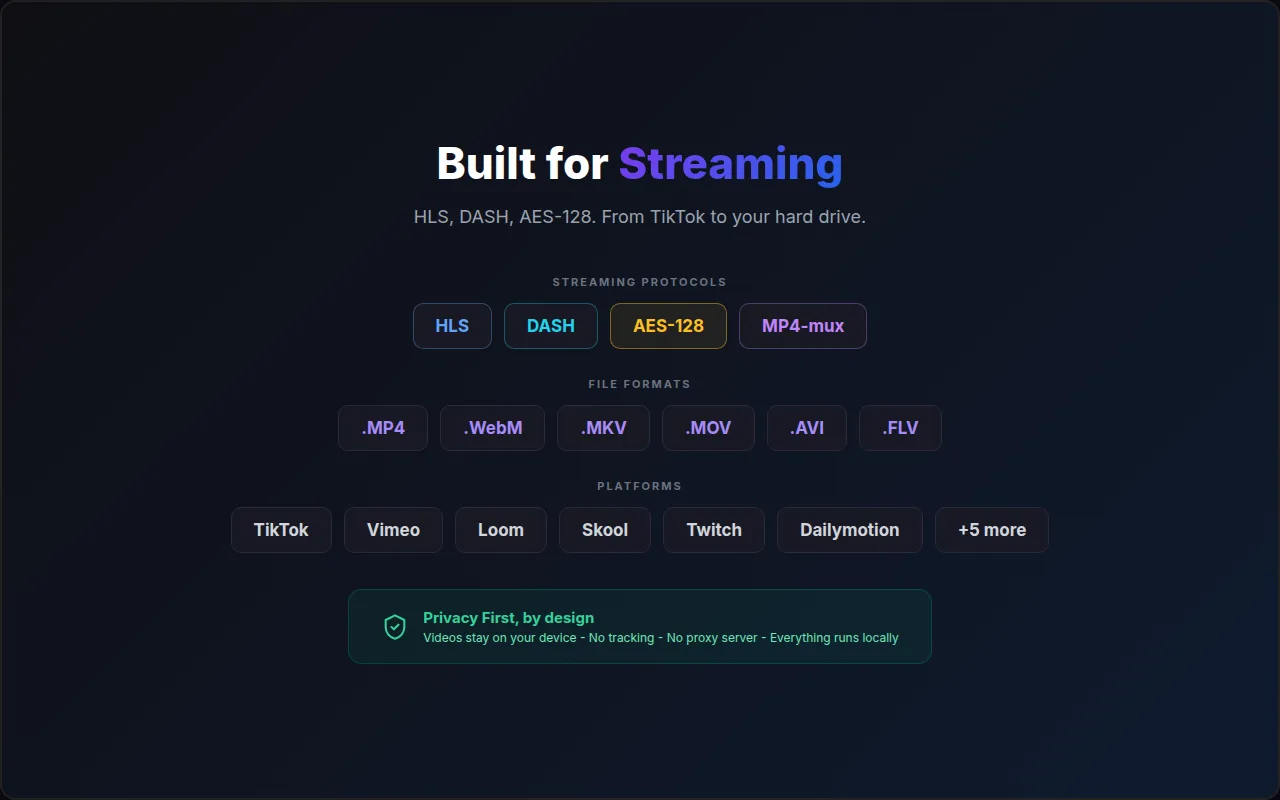 Streaming standards handled by Vidora: HLS, DASH and AES-128 protocols, MP4 muxing, with local-only processing